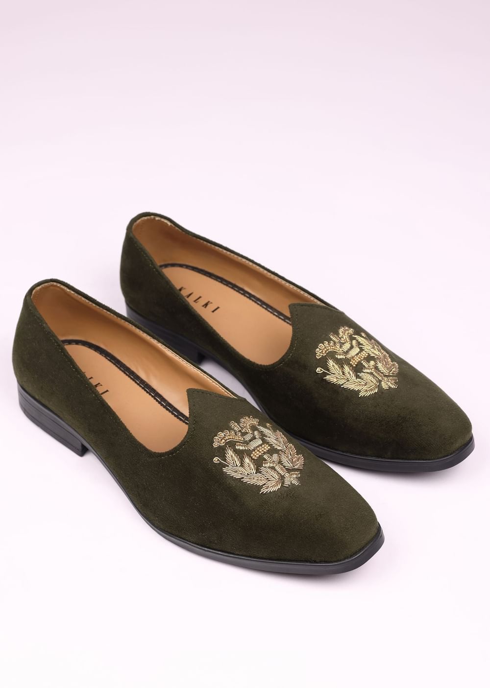 Olive Green Velvet Jutti With Hand Work For Men