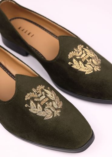 Olive Green Velvet Jutti With Hand Work For Men