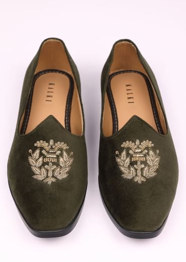 Olive Green Velvet Jutti With Hand Work For Men