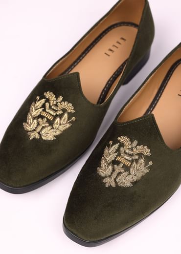 Olive Green Velvet Jutti With Hand Work For Men