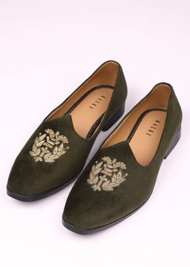 Olive Green Velvet Jutti With Hand Work For Men