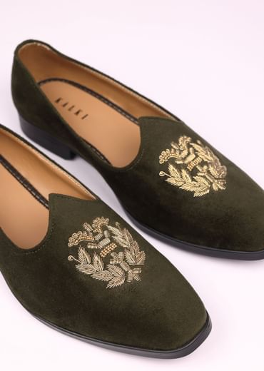 Olive Green Velvet Jutti With Hand Work For Men