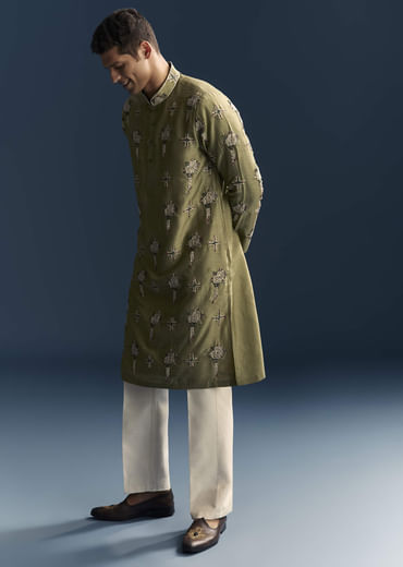 Olive Kurta Set For Men With Floral Thread Embroidery