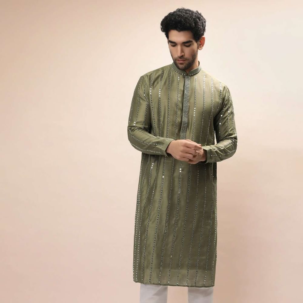 Olive Kurta Set In Silk With Heavy Mirror Embroidered Stripes