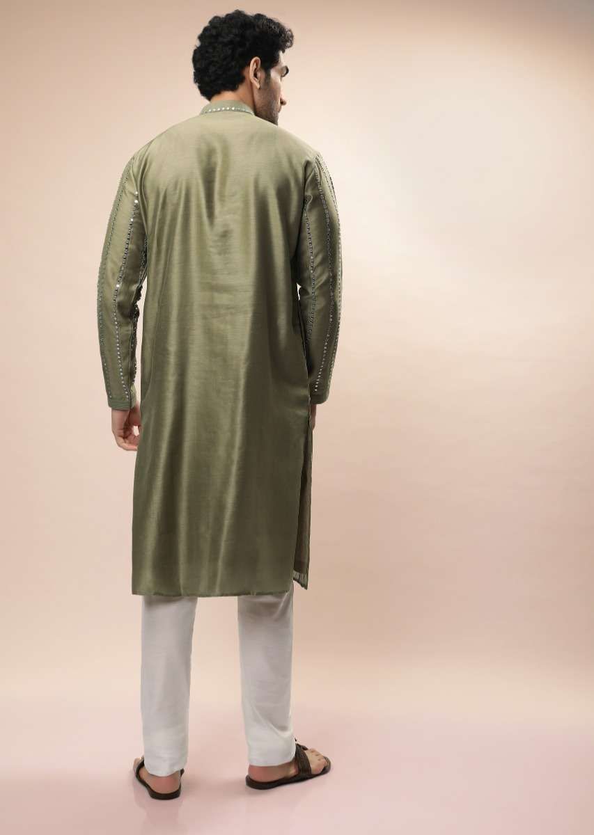 Olive Kurta Set In Silk With Heavy Mirror Embroidered Stripes