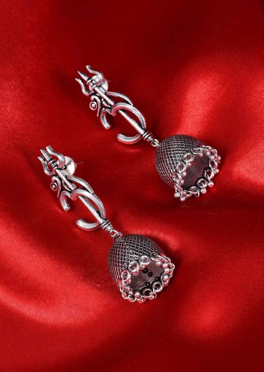 Buy Om and trishul motif silver temple jhumkas only on Kalki