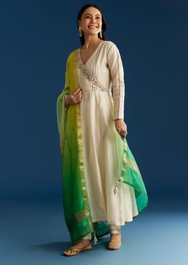 Ombre Chanderi Angrakha Style Anarkali Suit With Ombre Dupatta
