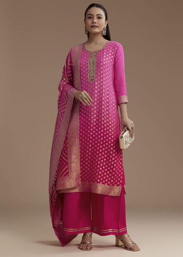 Ombre Pink Jacquard Weave Kurta Set