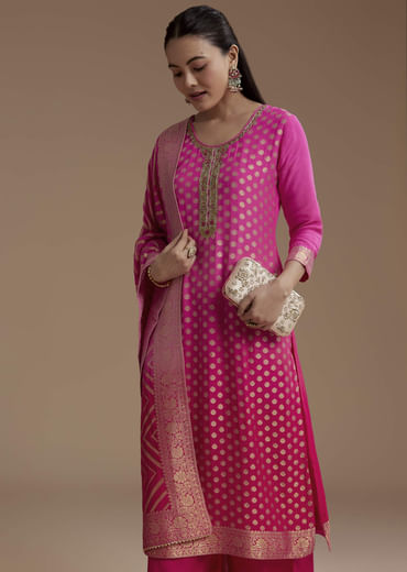 Ombre Pink Jacquard Weave Kurta Set
