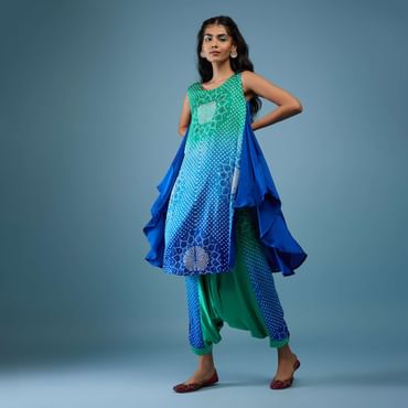 Ombre Shaded Indigo And Mint Blue Bandhani Tunic Top In Gajji Silk With Printed Silk Cowl Dhoti