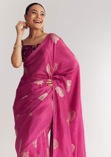 Onion Pink Brocade Saree With Gotapatti Border