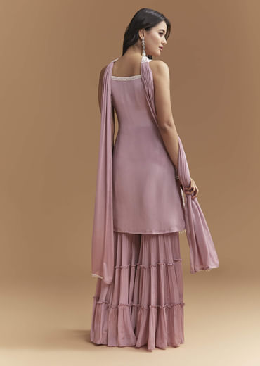 Onion Pink Chinon Sharara Suit With Cutdana And Moti Work