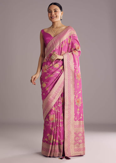 Onion Pink Dola Silk Saree With Multicolor Floral Jaal Weave