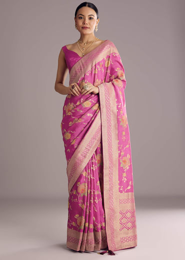 Onion Pink Dola Silk Saree With Multicolor Floral Jaal Weave