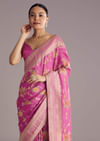 Onion Pink Dola Silk Saree With Multicolor Floral Jaal Weave