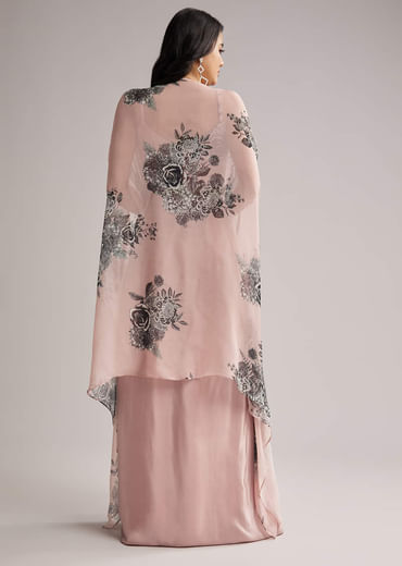 Onion Pink Floral Cape Set With Crop Top And Skirt