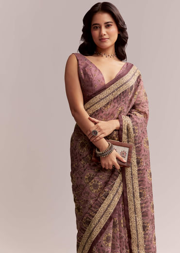 Onion Pink Linen Printed Saree With Traditional Ajrakh Print