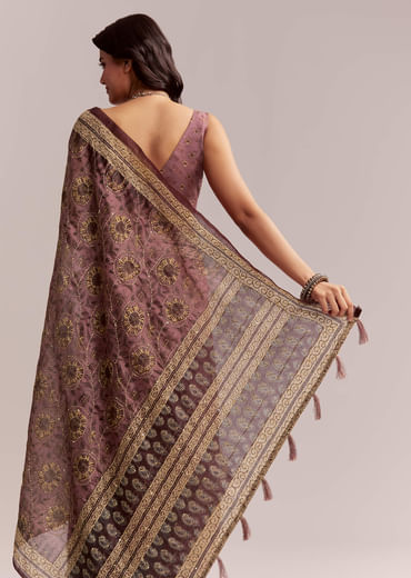 Onion Pink Linen Printed Saree With Traditional Ajrakh Print