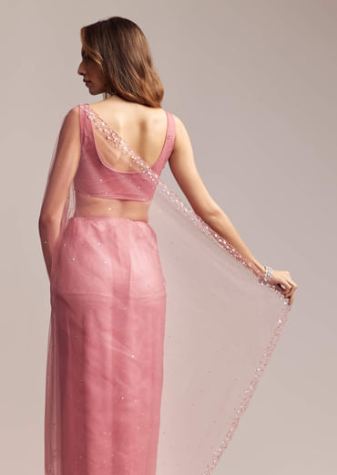 Onion Pink Net Saree With Sequins Embroidery