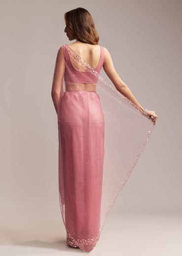 Onion Pink Net Saree With Sequins Embroidery