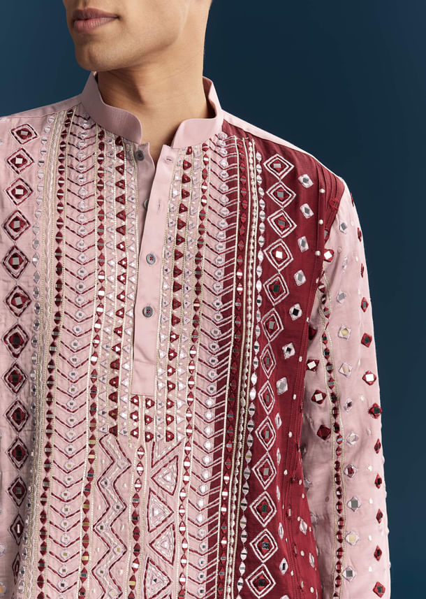 Onion Pink Silk Kurta Set For Men With Mirror And Thread Work