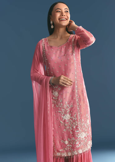 Pink Tissue Kurta Sharara Suit With Moti Cut Dana Work