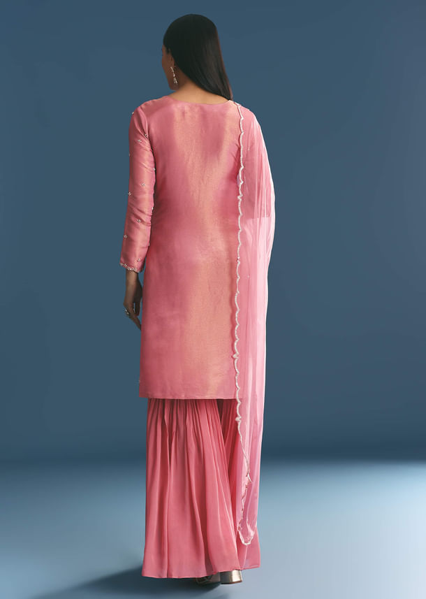 Pink Tissue Kurta Sharara Suit With Moti Cut Dana Work