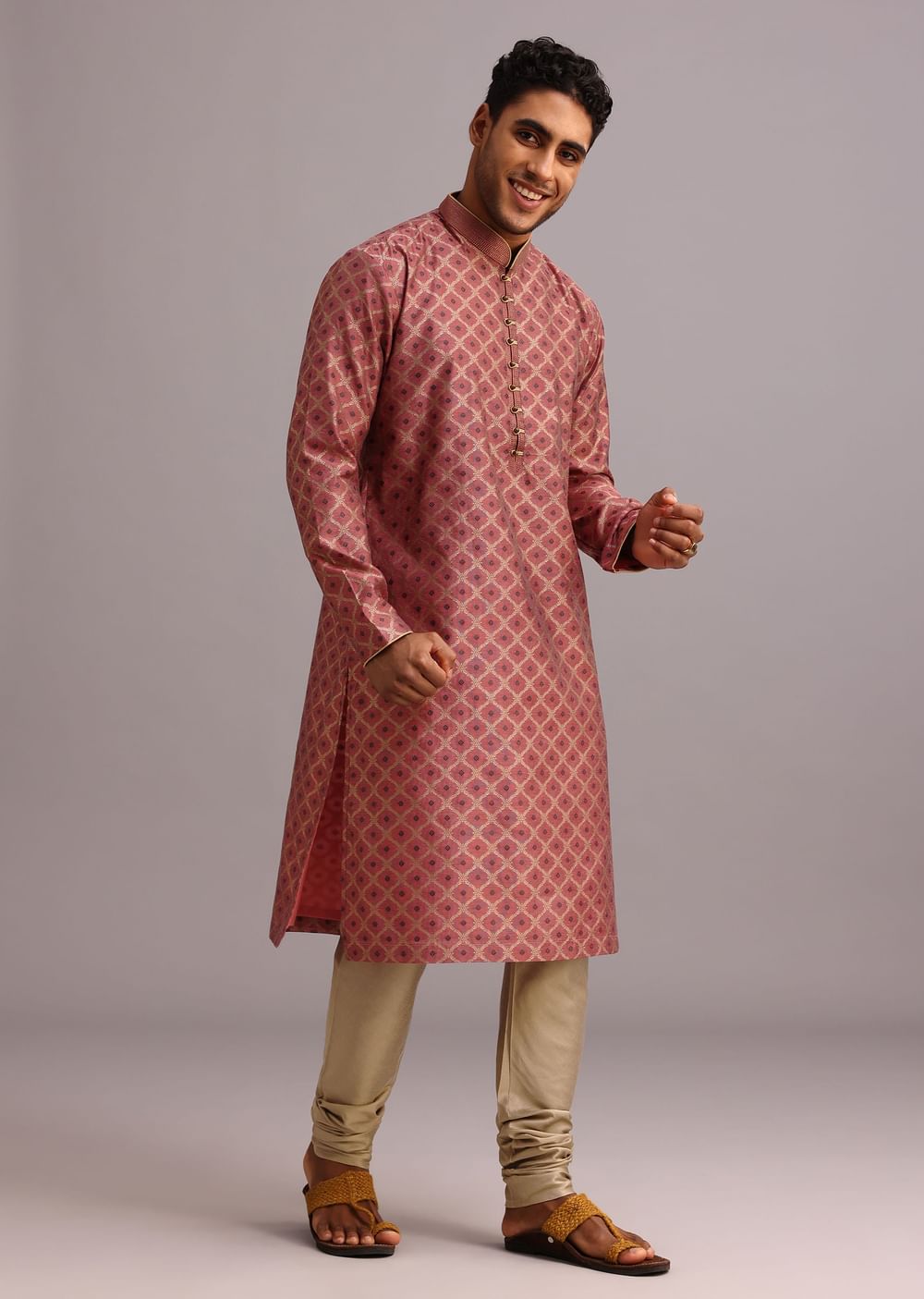 Onion Pink Chanderi Jacquard Printed Kurta Set