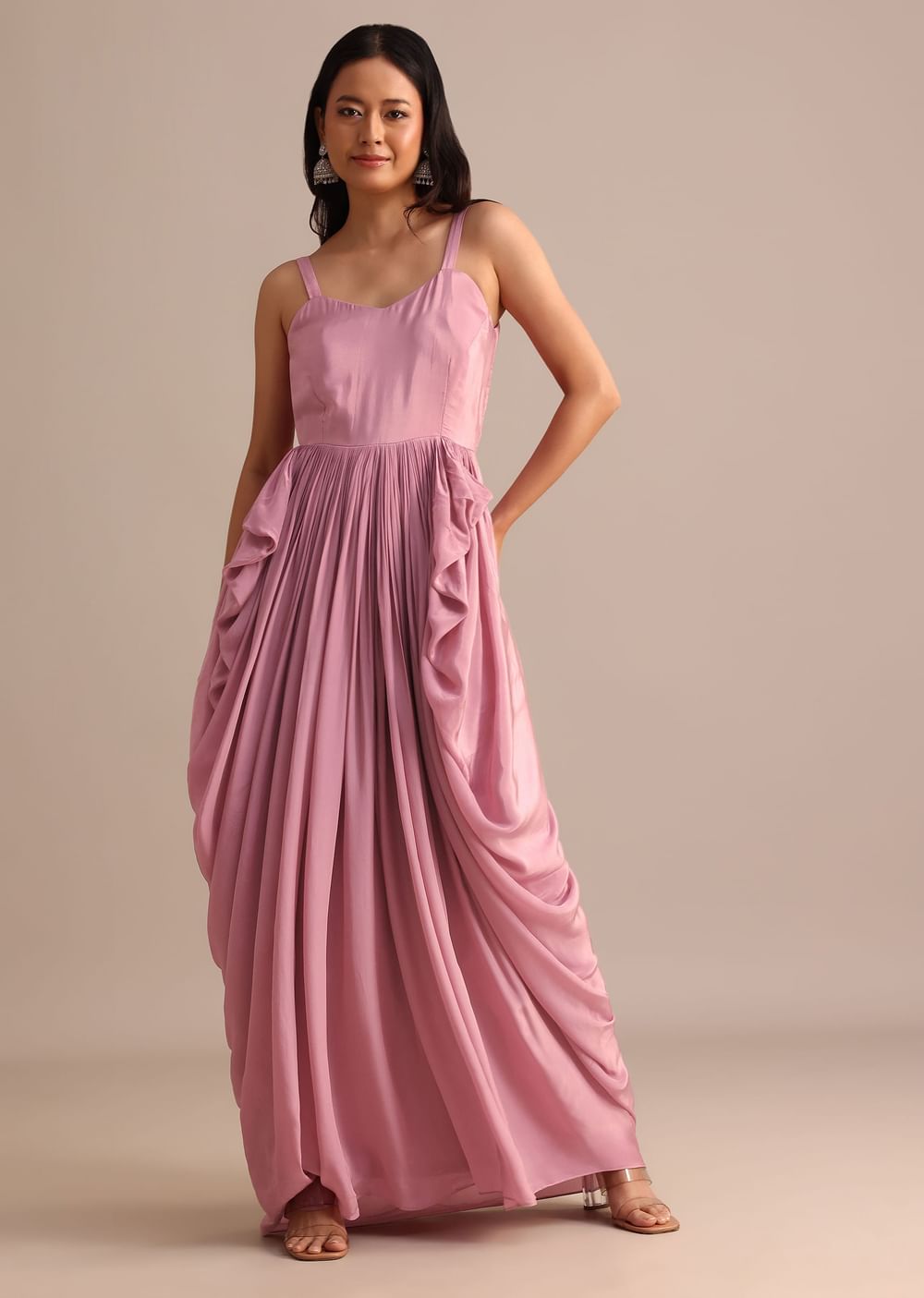 Onion Pink Crepe Pleated Gown With Embroidered Jacket