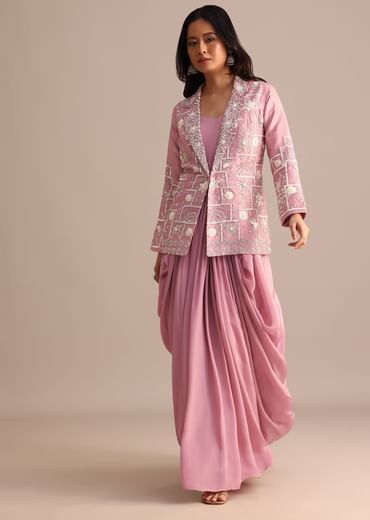 Onion Pink Crepe Pleated Gown With Embroidered Jacket