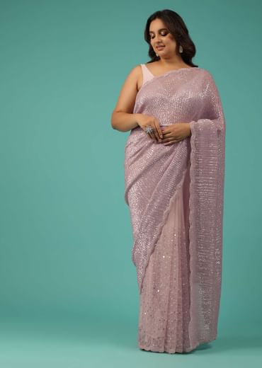 Onion Pink Embroidery Sequins And Organza Saree