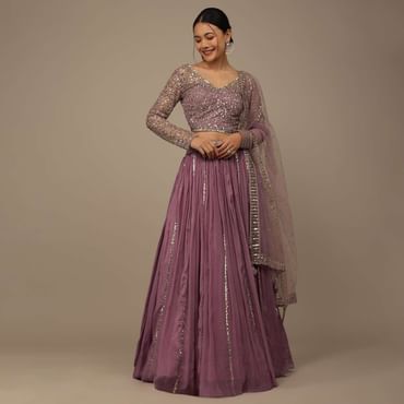 Onion Pink Festive Sequins And Zari Embroidered Lehenga Set In Chinon