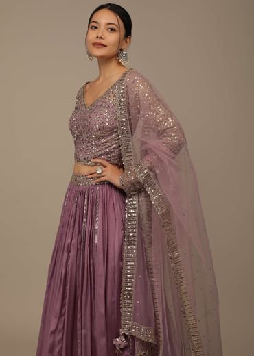 Onion Pink Festive Sequins And Zari Embroidered Lehenga Set In Chinon