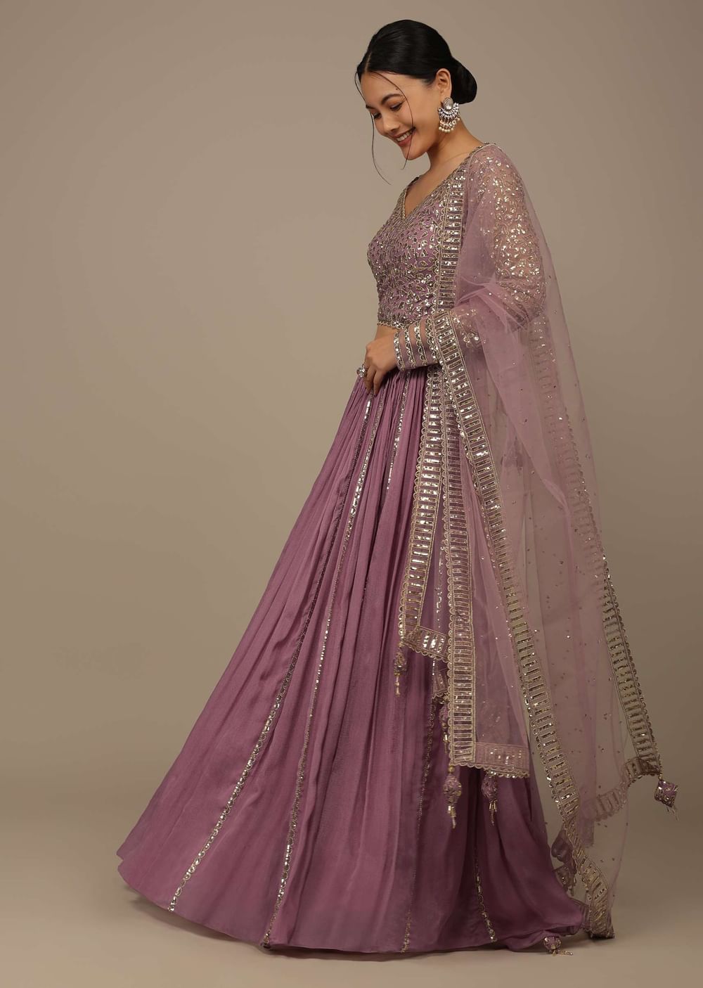 Onion Pink Festive Sequins And Zari Embroidered Lehenga Set In Chinon