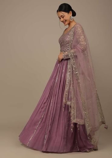 Onion Pink Festive Sequins And Zari Embroidered Lehenga Set In Chinon