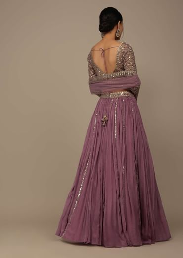 Onion Pink Festive Sequins And Zari Embroidered Lehenga Set In Chinon