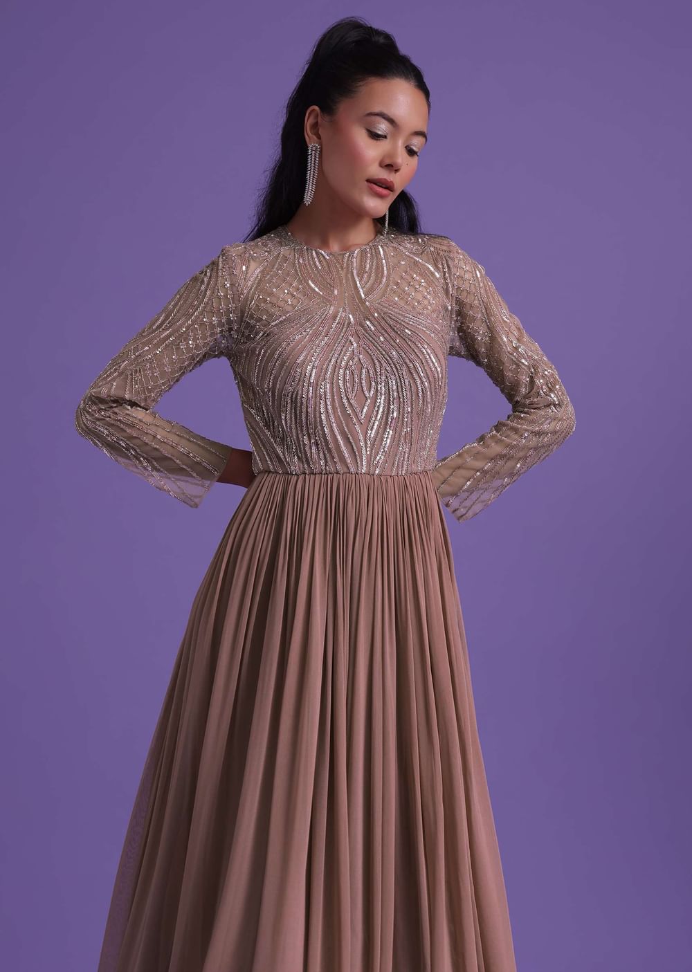 Onion Pink Gown In Georgette With Cut Dana Embroidery