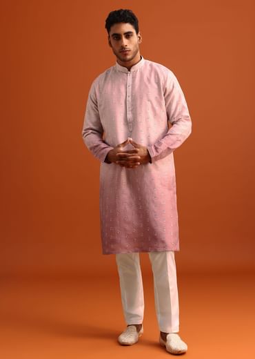 Onion Pink Ombre Kurta Set In Raw Silk With Butti Work