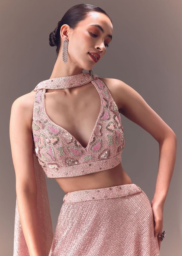 Onion Pink Sequin Embellished Lehenga Set With Choker Dupatta