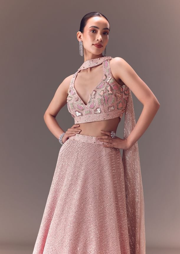 Onion Pink Sequin Embellished Lehenga Set With Choker Dupatta