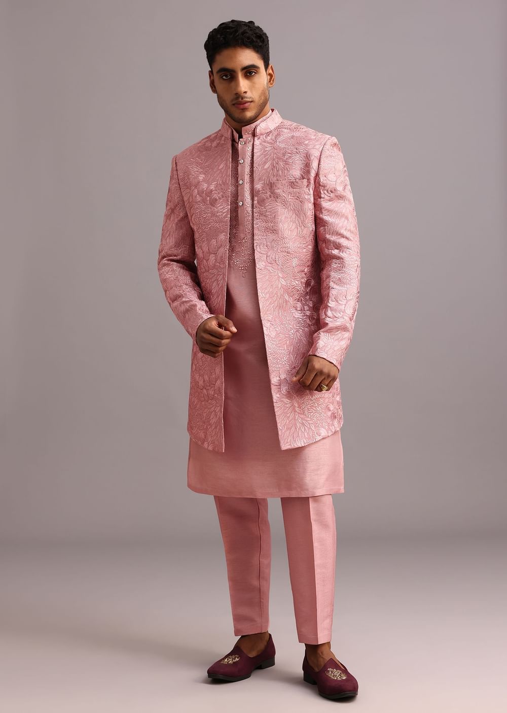 Onion Pink Thread Embroidered Dola Silk Sherwani Set