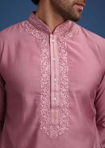 Onion Pink Thread Hand Embroidered Kurta Set
