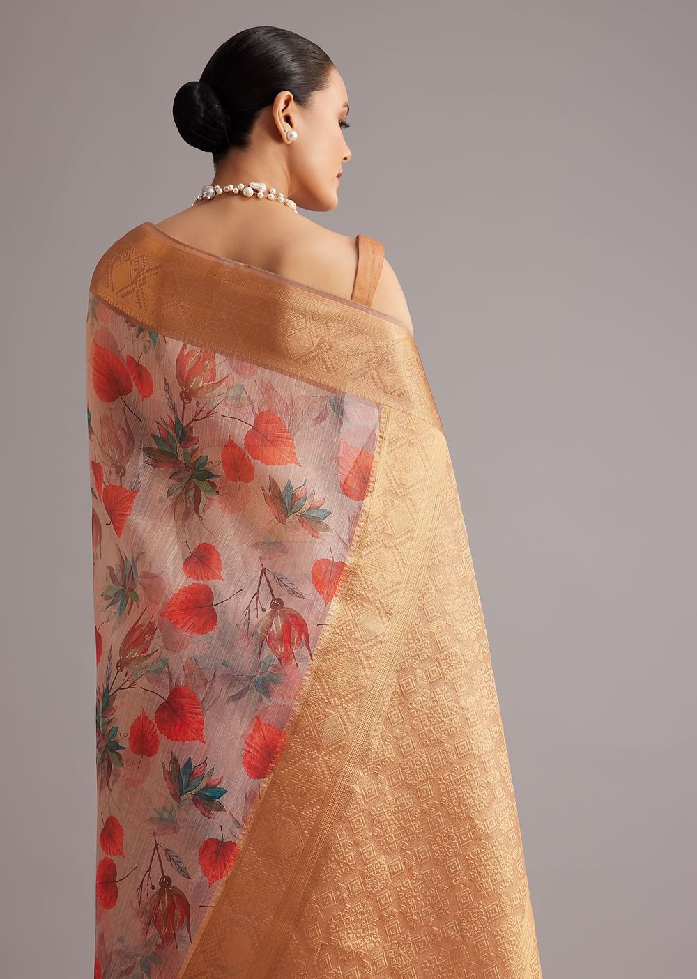 Onion Pink Tissue Silk Printed Saree With Zari Woven Contrast Border And Pallu