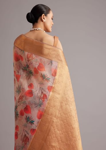 Onion Pink Tissue Silk Printed Saree With Zari Woven Contrast Border And Pallu