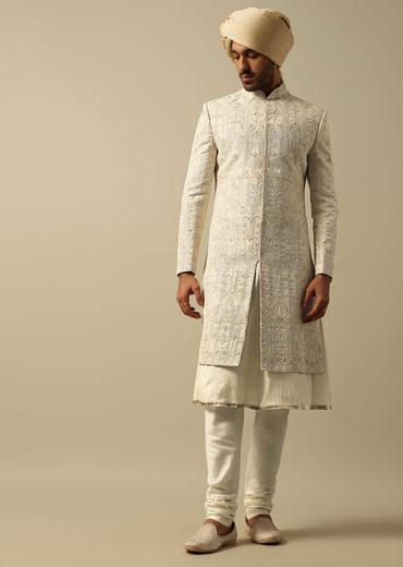 Opulent Beige Banarasi Silk Sherwani