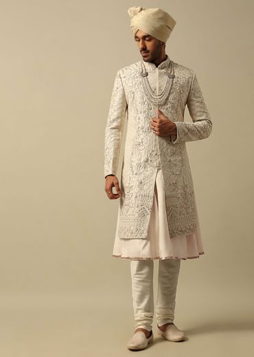 Opulent White Raw Silk Sherwani
