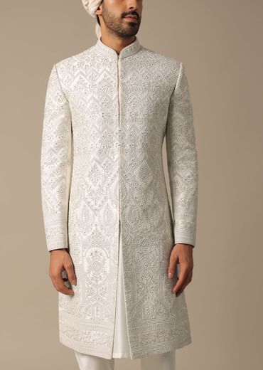 Opulent White Silk Sherwani Set