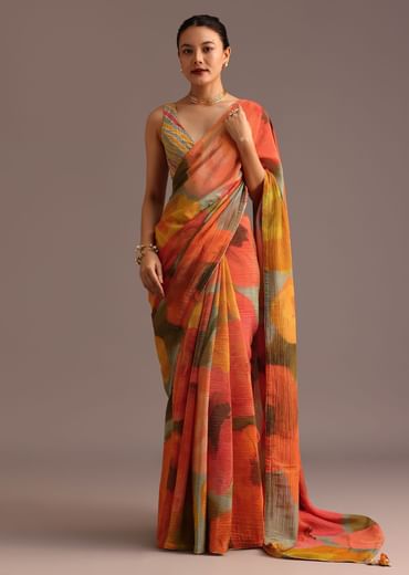 Orange Abstract Printed Crush Saree