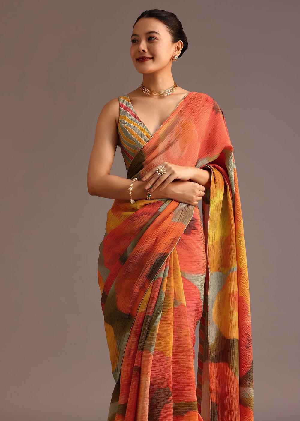 Orange Abstract Printed Crush Saree