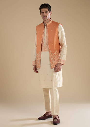 Orange Art Silk Jacket Kurta Set with Mirror Work
